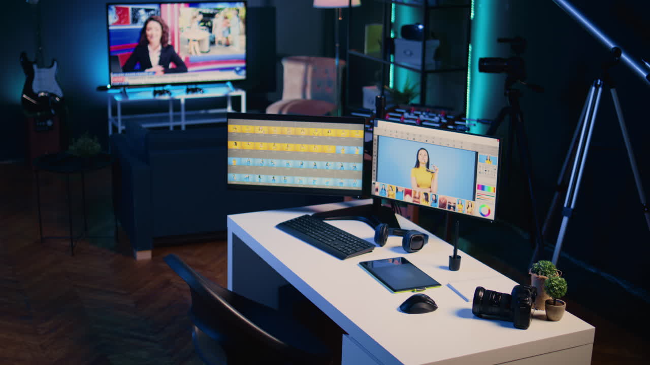 Empty specialized post processing studio with editing software interface on PC screens