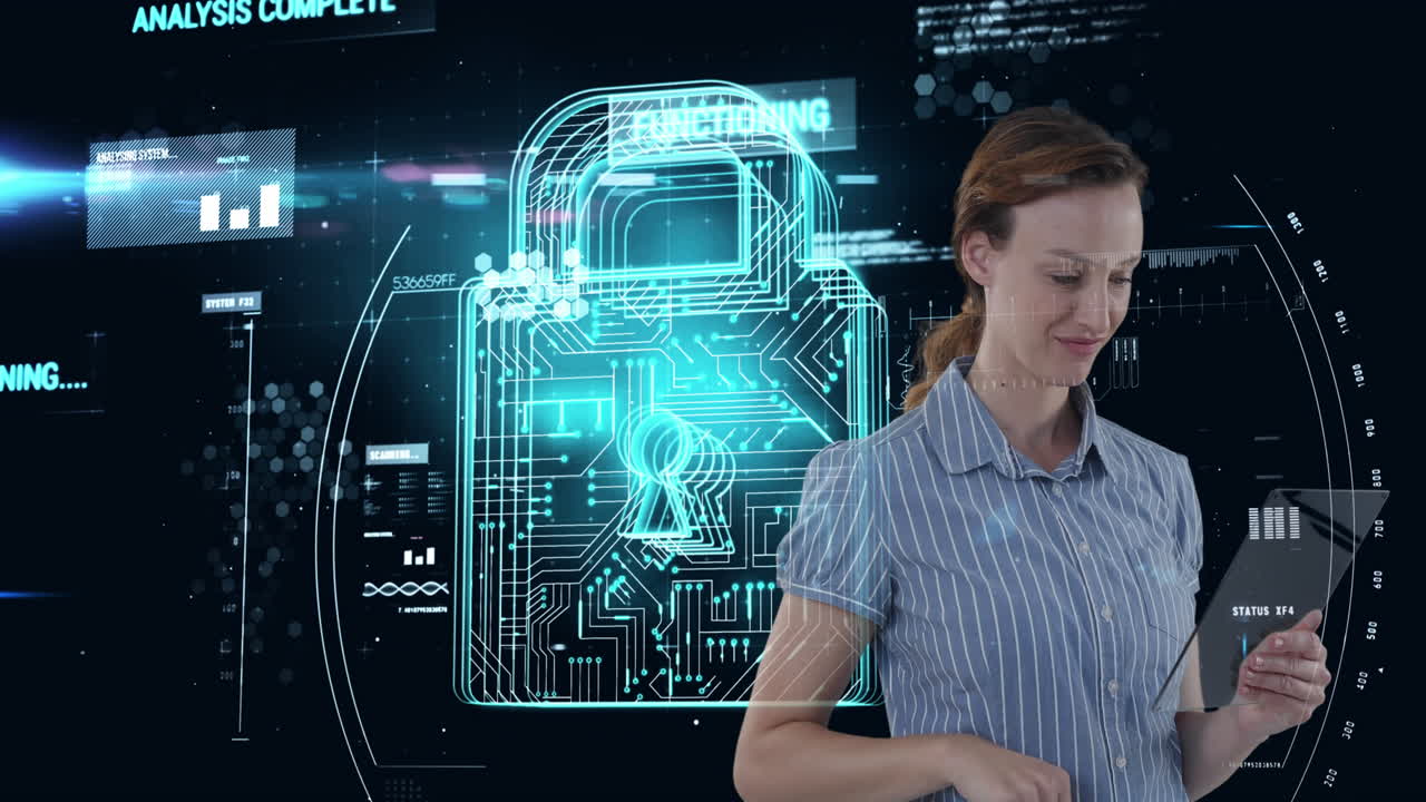 una mujer interactúa con una tableta 3d y un icono de seguridad digital, que simboliza la economía tecnológica global.