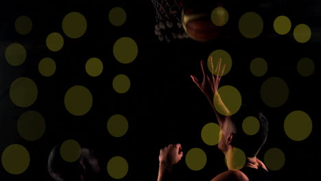 Animation-of-caucasian-basketball-player-throwing-ball-and-spots-of-light-on-black-background