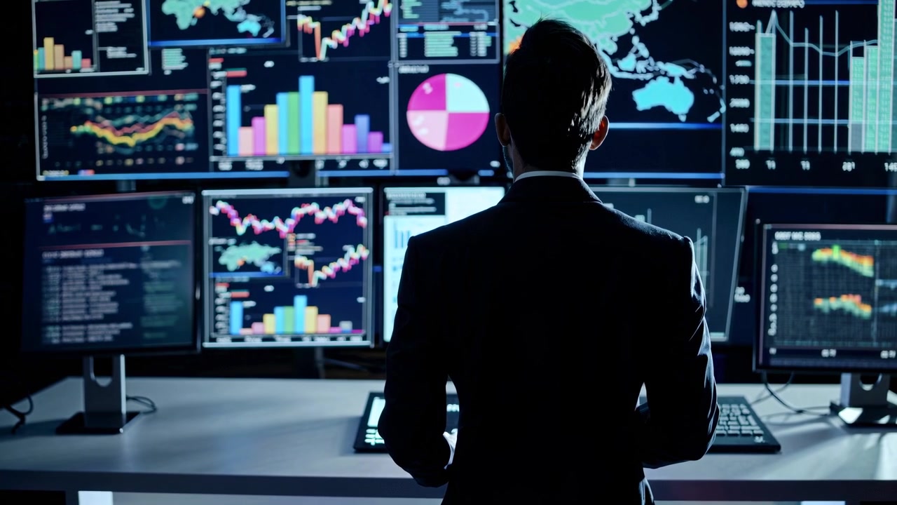 Financial Analyst Monitoring Stock Market Data on Multiple Screens