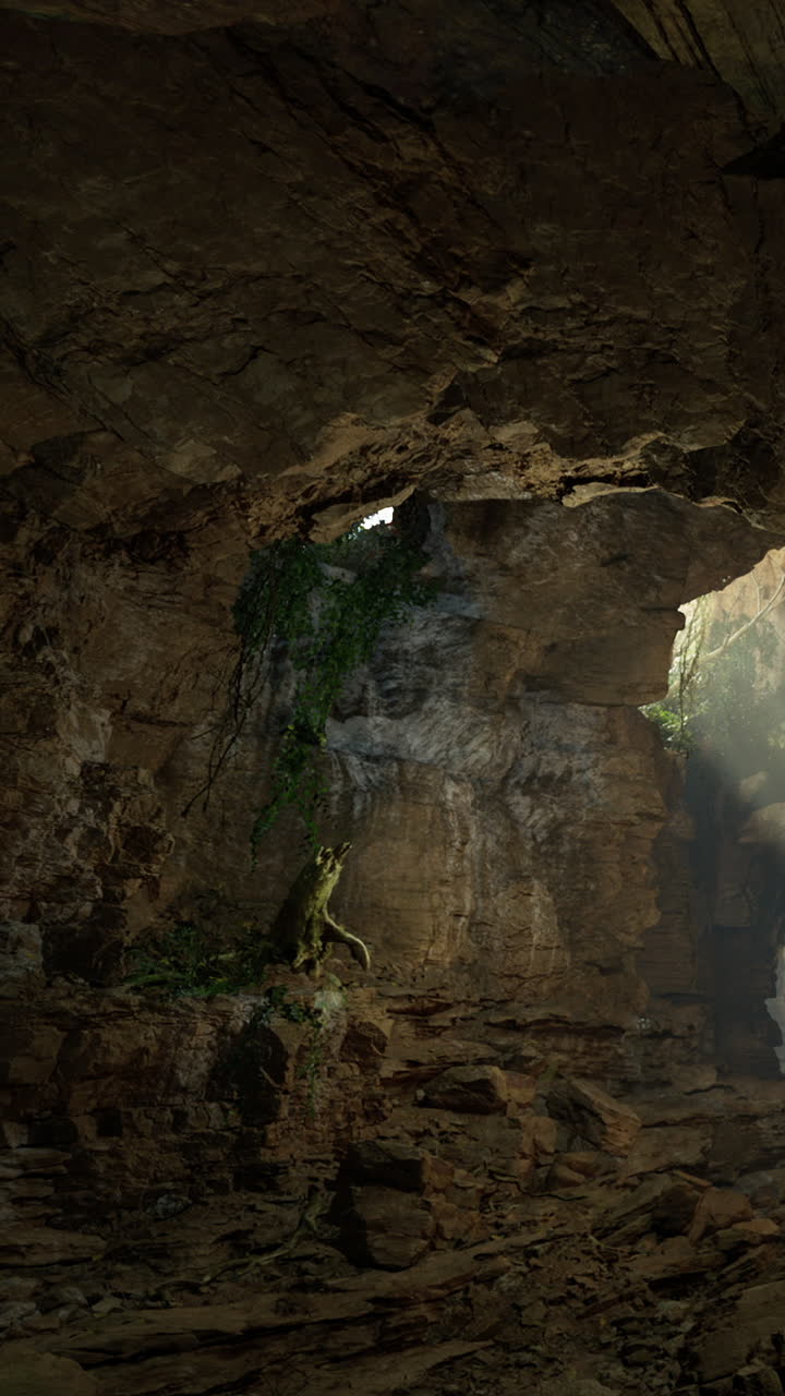 Esplorazione di una grotta con luce che filtra dall'apertura e piante rigogliose.