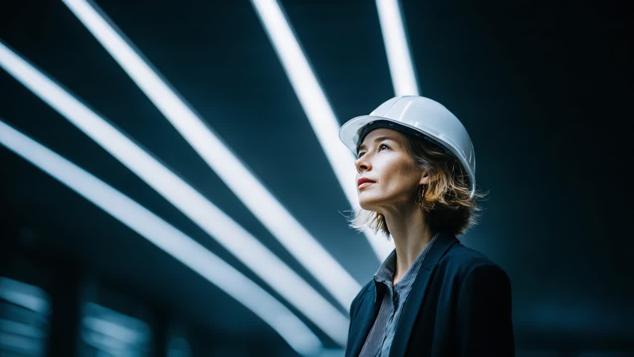 Professional Woman in Safety Helmet Gazing Upward Under Modern Architectural Lighting, Reflecting on Progress and Innovation in Construction or Design Environments