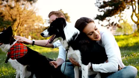 beautiful couple cuddling and walking dogs outdoors