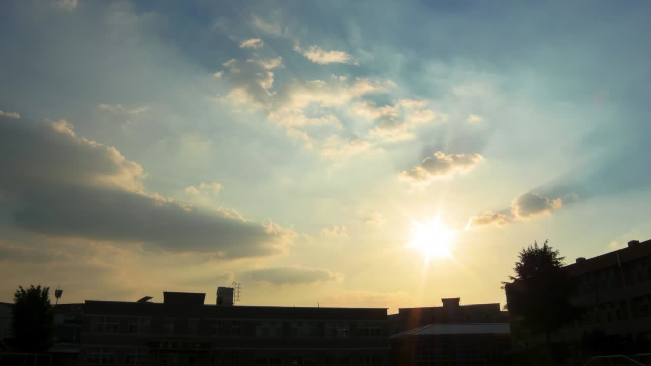 Belo pôr do sol sobre o prédio da escola na Ásia.