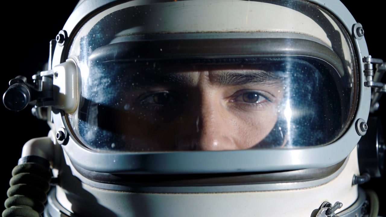 Cámara moviéndose, centrando a un hombre con casco espacial en un estudio, revelando la visera y los ojos para ver el detalle.