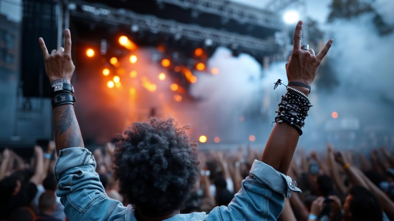 Multidão de pessoas em um concerto de música ao ar livre com as mãos levantadas fazendo o sinal de "rock on".