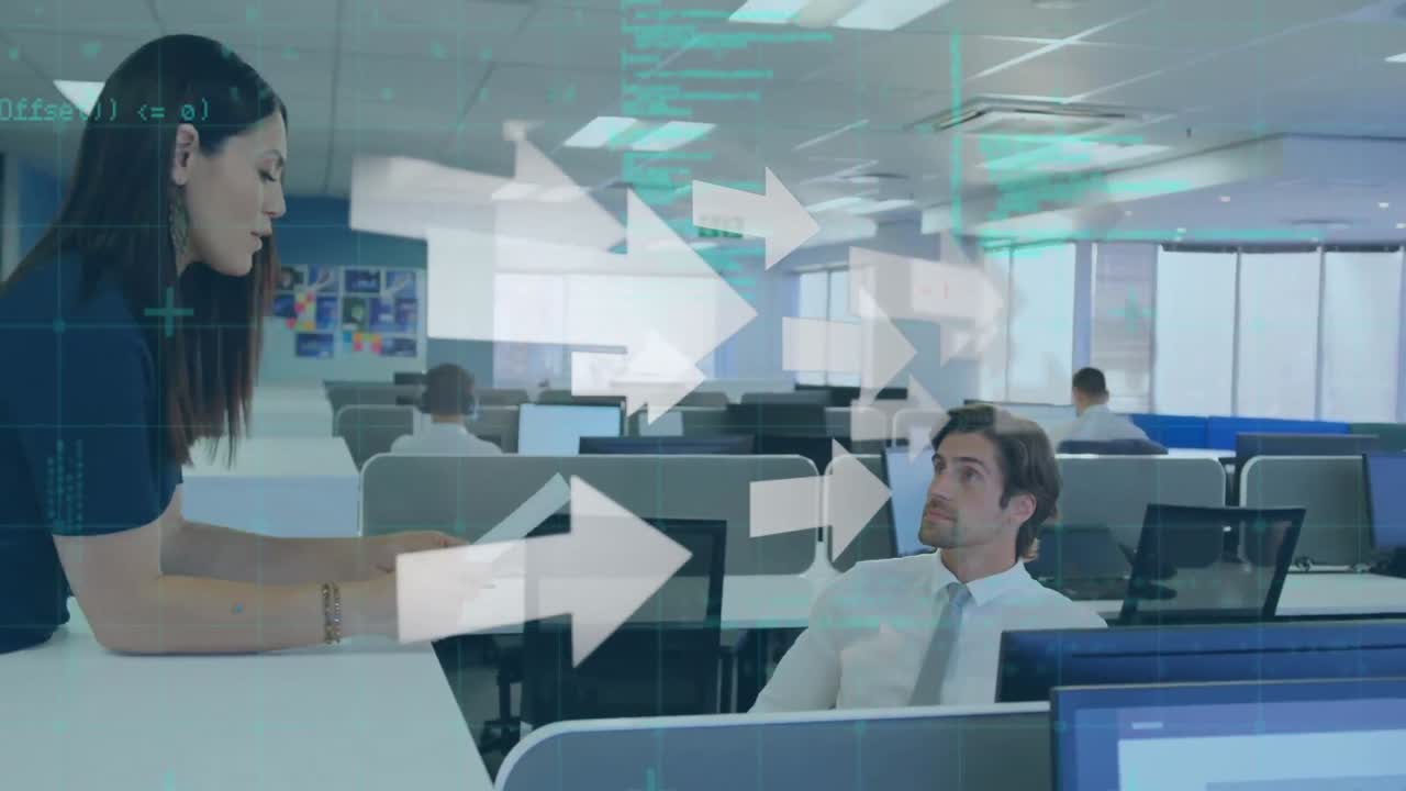 사무실에서 다양한 동료 직원들에 대한 화살표 애니메이션