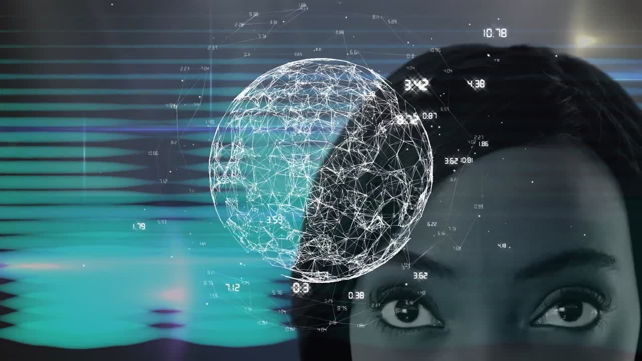 un globo de red de conexiones girando sobre una mujer afroamericana contra las ondas digitales