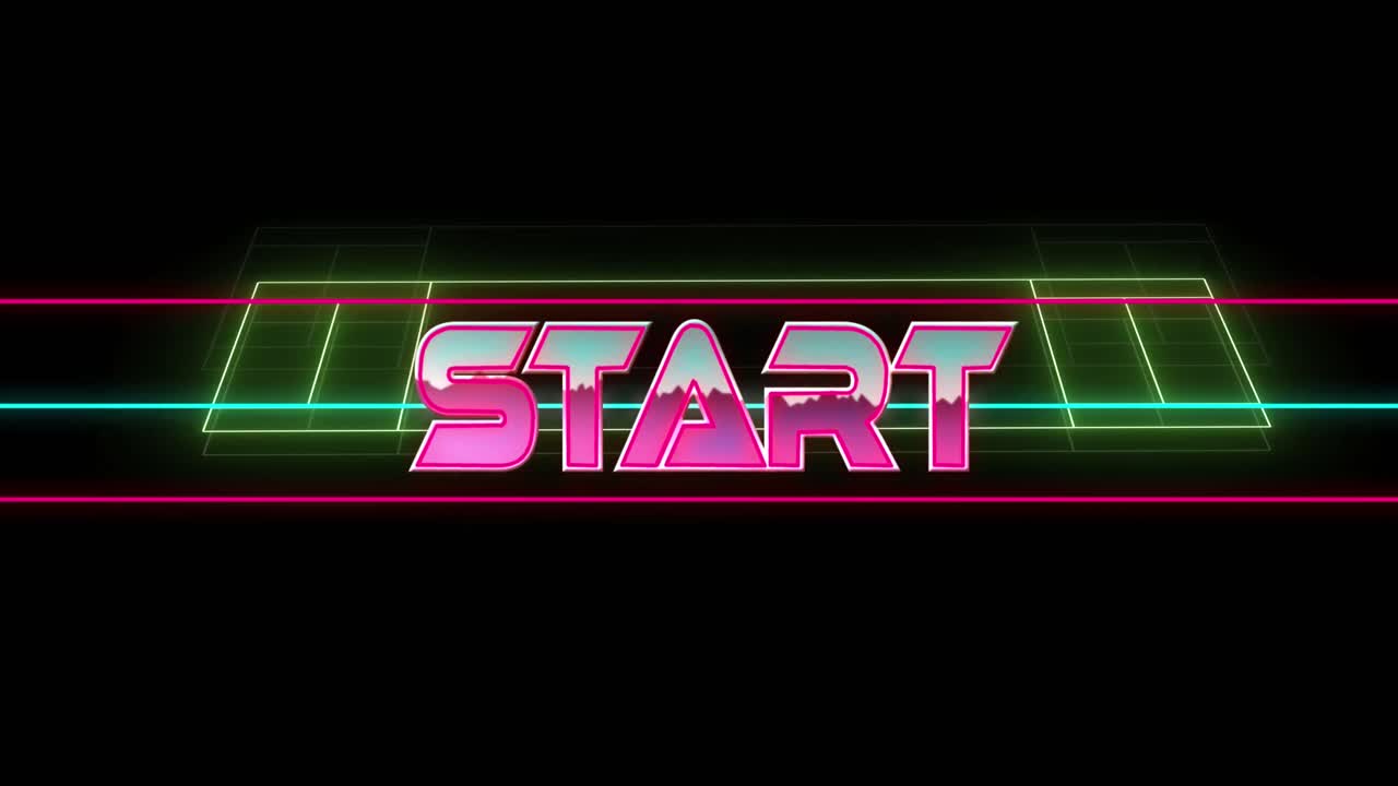 Animation of start text over neon sports stadium