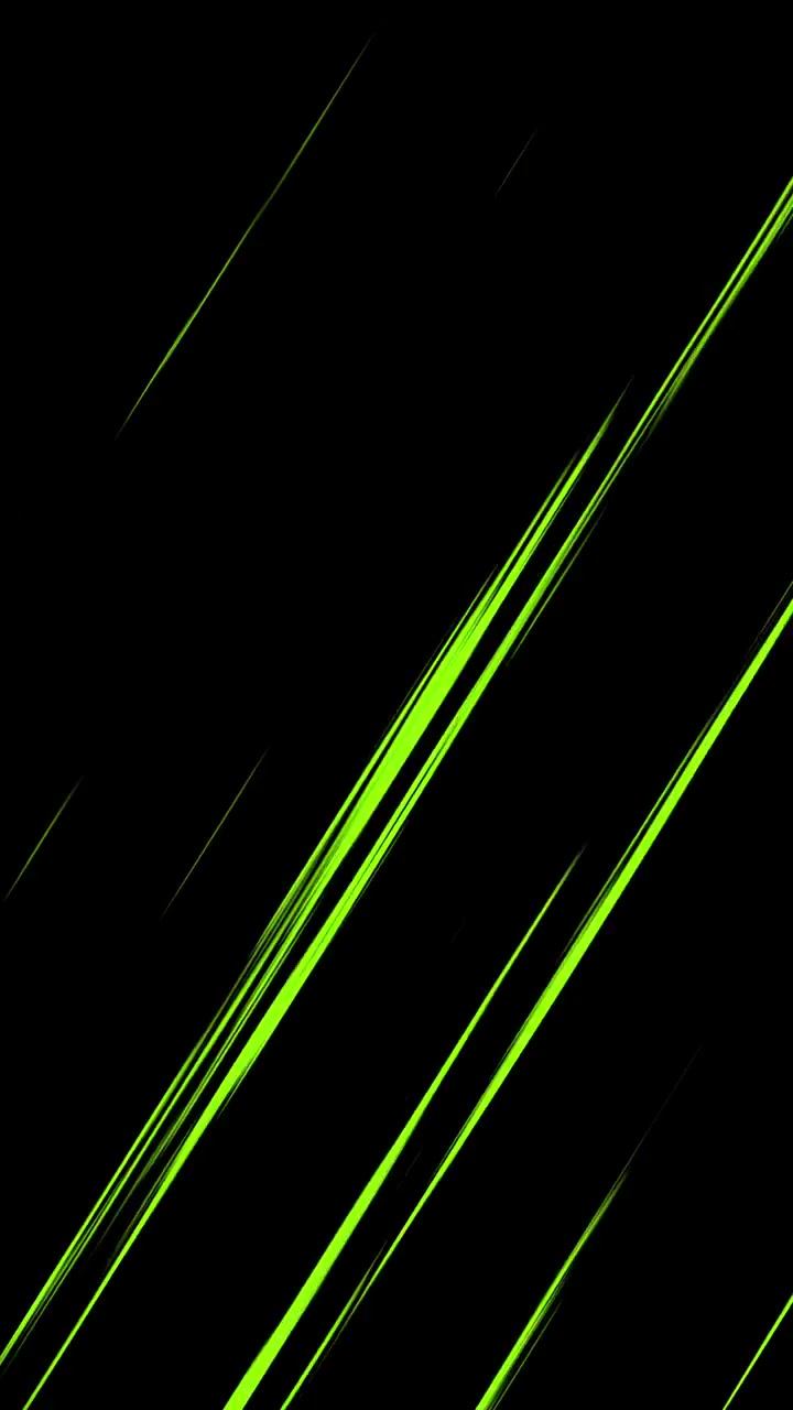 Linee di velocità anime verdi, diagonali, veloci e verticali che si muovono rapidamente su sfondo nero, loop continuo, formato verticale.
