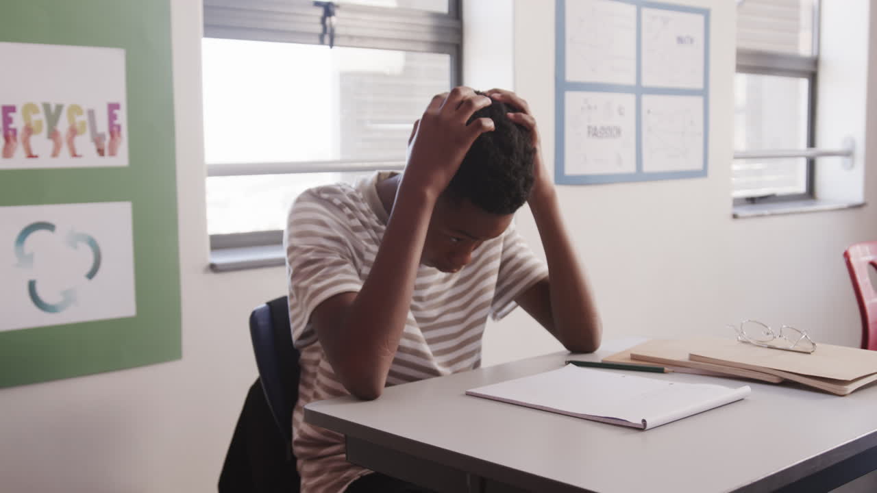 In school, African American teenage boy sitting at desk looking at wristwatch, focusing on time
