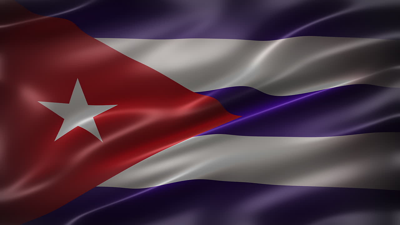The National Flag of Republic of Cuba, font view, full frame, sleek, glossy, fluttering, elegant silky texture, waving in the wind, realistic 4K CG animation, movie-like look, seamless loop-able