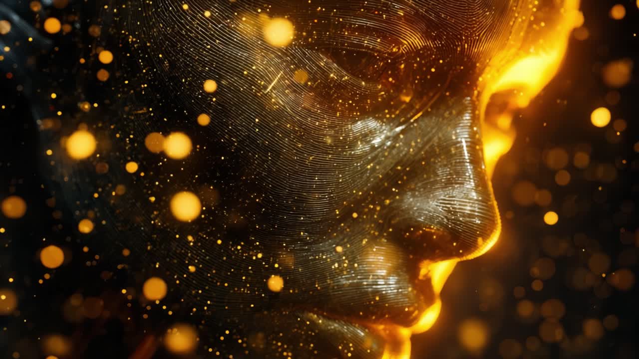 Profilo misterioso di un volto umano digitale realizzato con materiale stratificato con scintille dorate e bokeh che volano intorno, che rappresenta concetti di intelligenza artificiale, tecnologia e idee futuristiche
