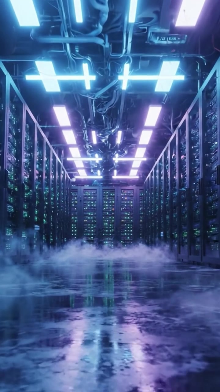 A Futuristic Data Center with Neon Lighting, Showcasing Rows of Server Racks and a Mystical Fog Covering the Reflective Floor, Highlighting Advanced Technology