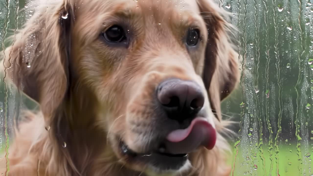 A Golden Retriever's Expressive Moments Captured Behind a Rain-Kissed Window, Showcasing Its Curious Eyes and Playful Attitude in a Cozy Atmosphere
