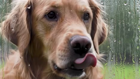 a golden retriever's expressive moments captured behind a rain-kissed window, showcasing its curious eyes and playful attitude in a cozy atmosphere