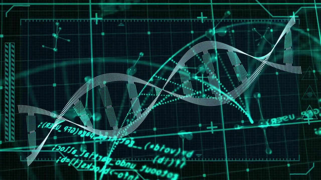 Upon interface initialization DNA helix rotating clockwise as code scrolling highlighting nodes