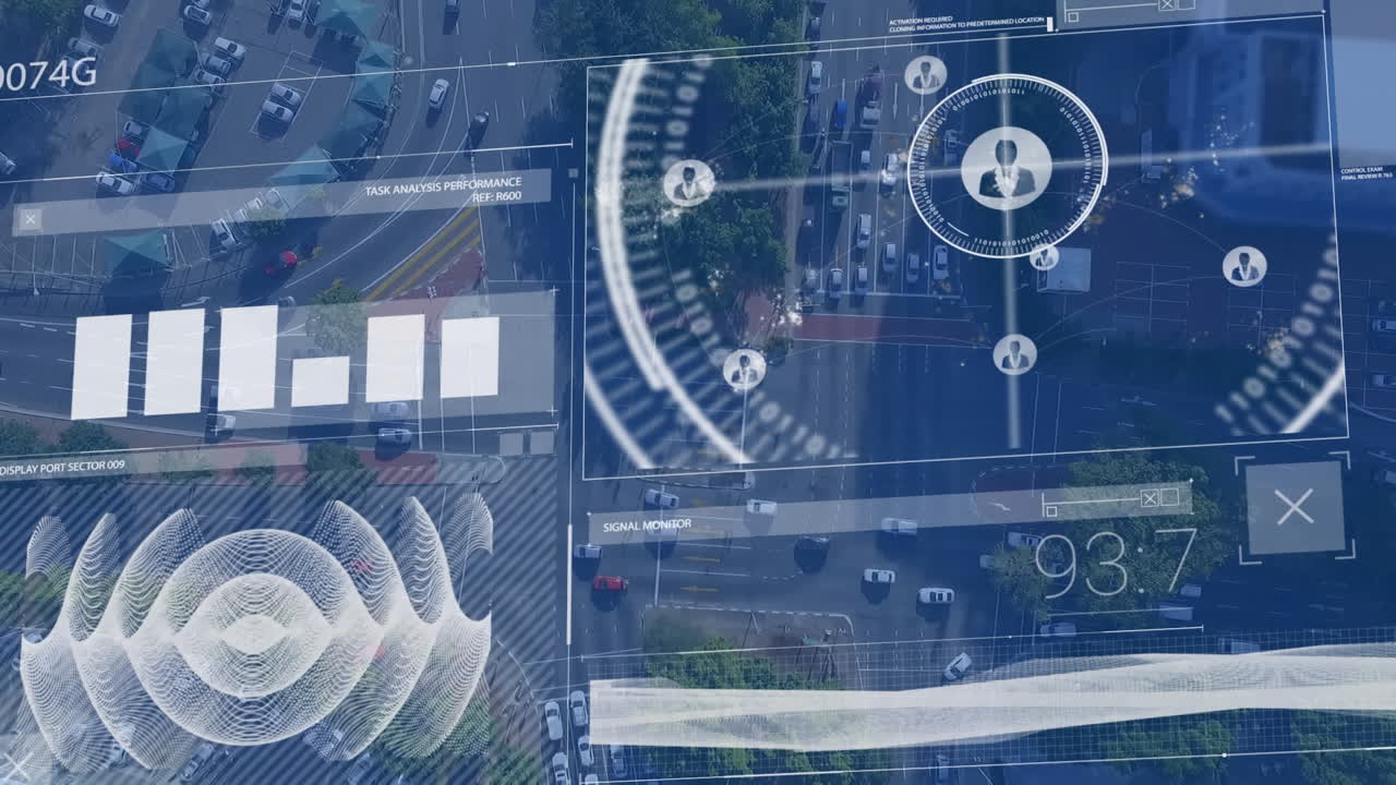 animación del procesamiento de datos financieros sobre el paisaje urbano