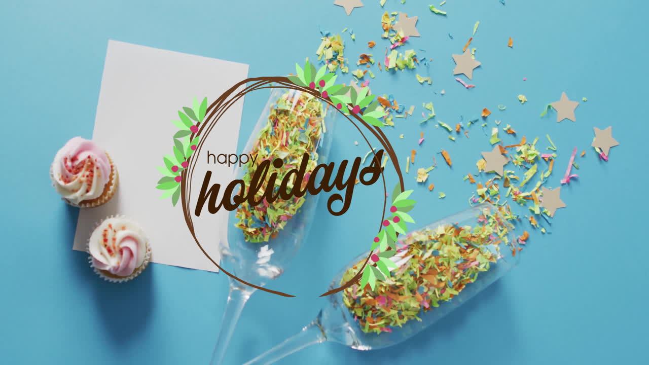 animación de texto de felices fiestas sobre copas de champán con estrellas y pasteles sobre fondo azul