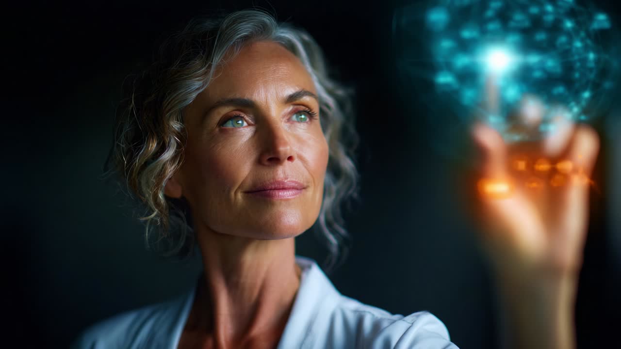 A contemplative woman with curly gray hair gazes thoughtfully at a glowing sphere of light, illustrating the fusion of science and imagination, showcasing innovation and creativity in the world of ideas
