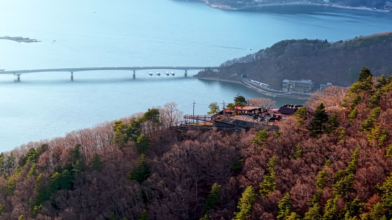 Aerial drone view of Mount Fuji viewpoint and the Kawaguchiko lake