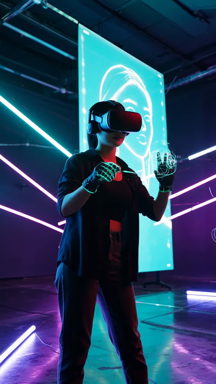 Woman exploring virtual reality in a neon-lit futuristic environment