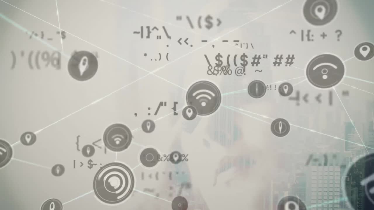 도시 풍경에 대한 연결 네트워크와 데이터 처리의 애니메이션