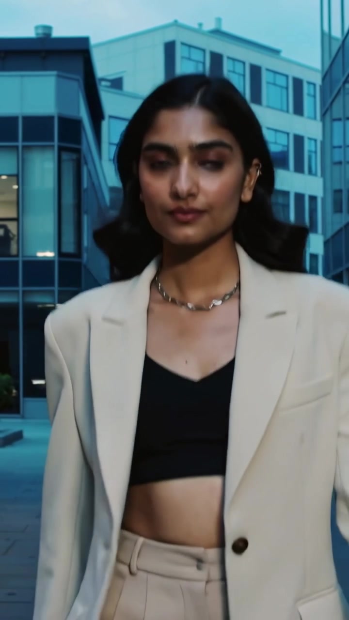 Video verticale: Telecamera che si allontana, donna che cammina in avanti nella piazza dell'ufficio, mettendo in mostra un blazer beige.