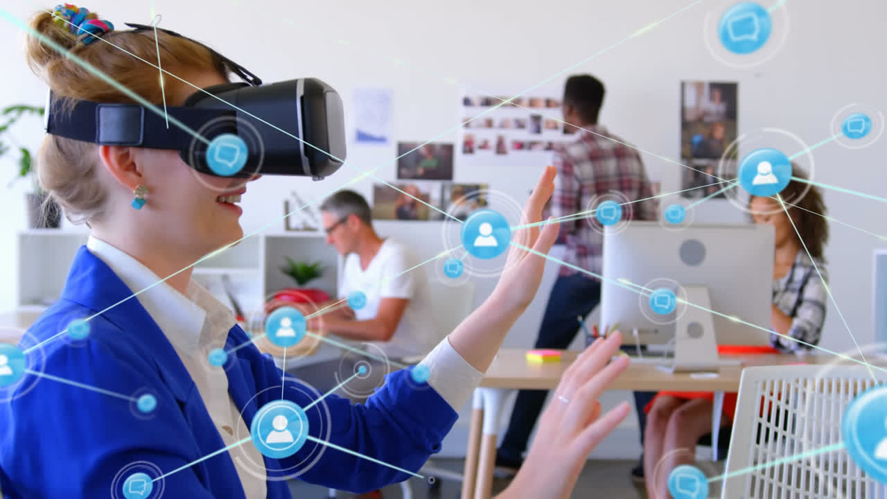 animación de redes de conexiones y mujer de negocios con teléfono vr auricular