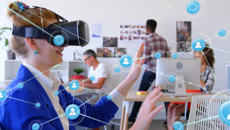 Animation-of-networks-of-connections-and-businesswoman-wearing-phone-vr-headset