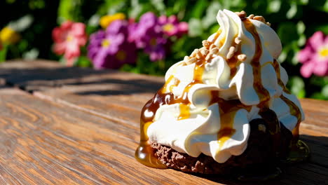 decadent chocolate dessert with whipped cream and caramel outdoors