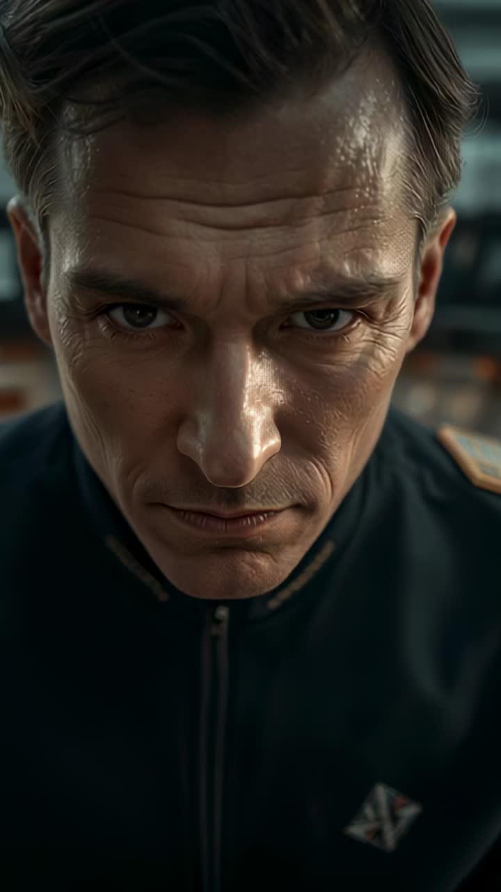 Vertical video: Recording man in cabin softening face into warm smile, zip-up jacket emblem