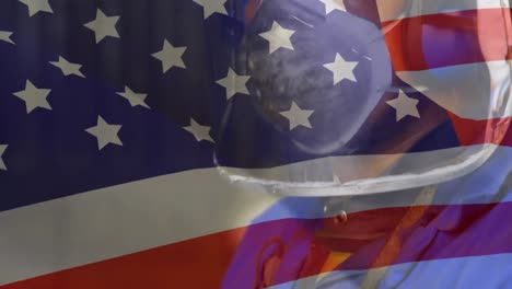 Animation-of-American-flag-waving-over-man-in-the-background