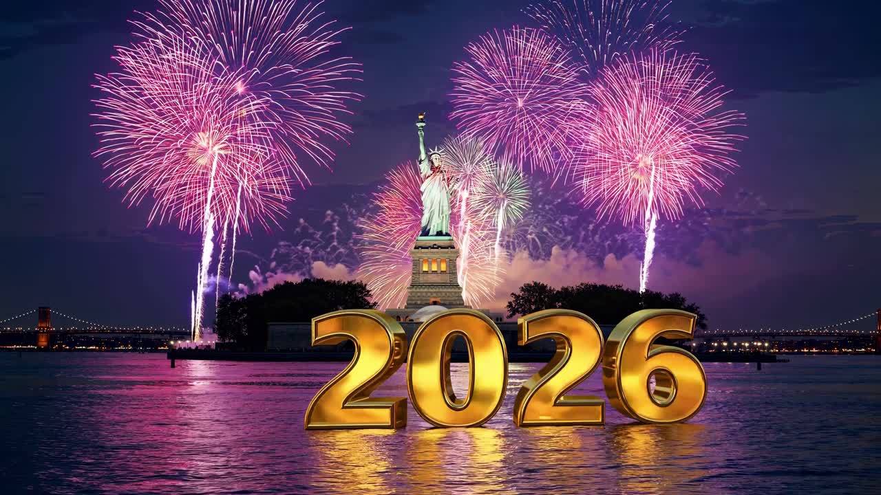 Feliz Año Nuevo 2026: Fuegos artificiales sobre la Estatua de la Libertad