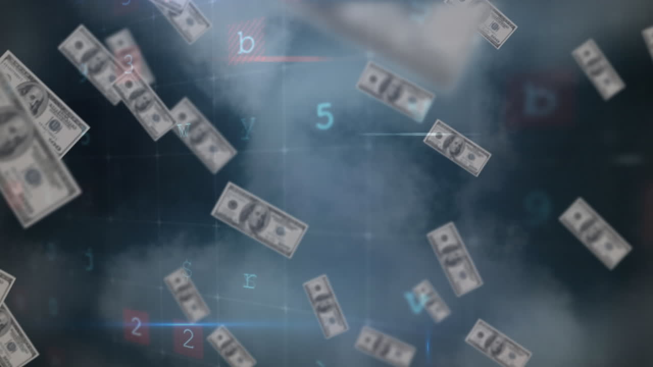 떨어지는 지폐 위에서 움직이는 데이터 처리의 애니메이션