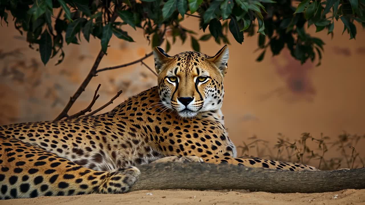 Hearing rustling leaves leopard lifting head, shifting gaze under leafy branch with log and shrubs
