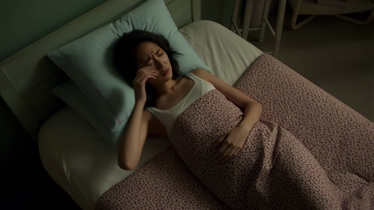 Woman lying in bed experiencing stomach pain and distress