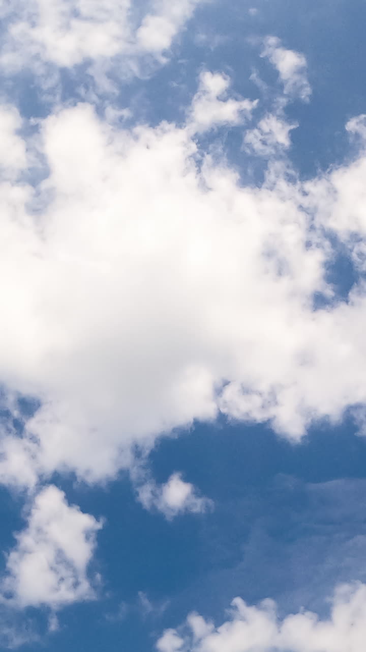 Little soft clouds floating in the sky. Blue skies clearing out. Low angle view. Timelapse. Vertical video
