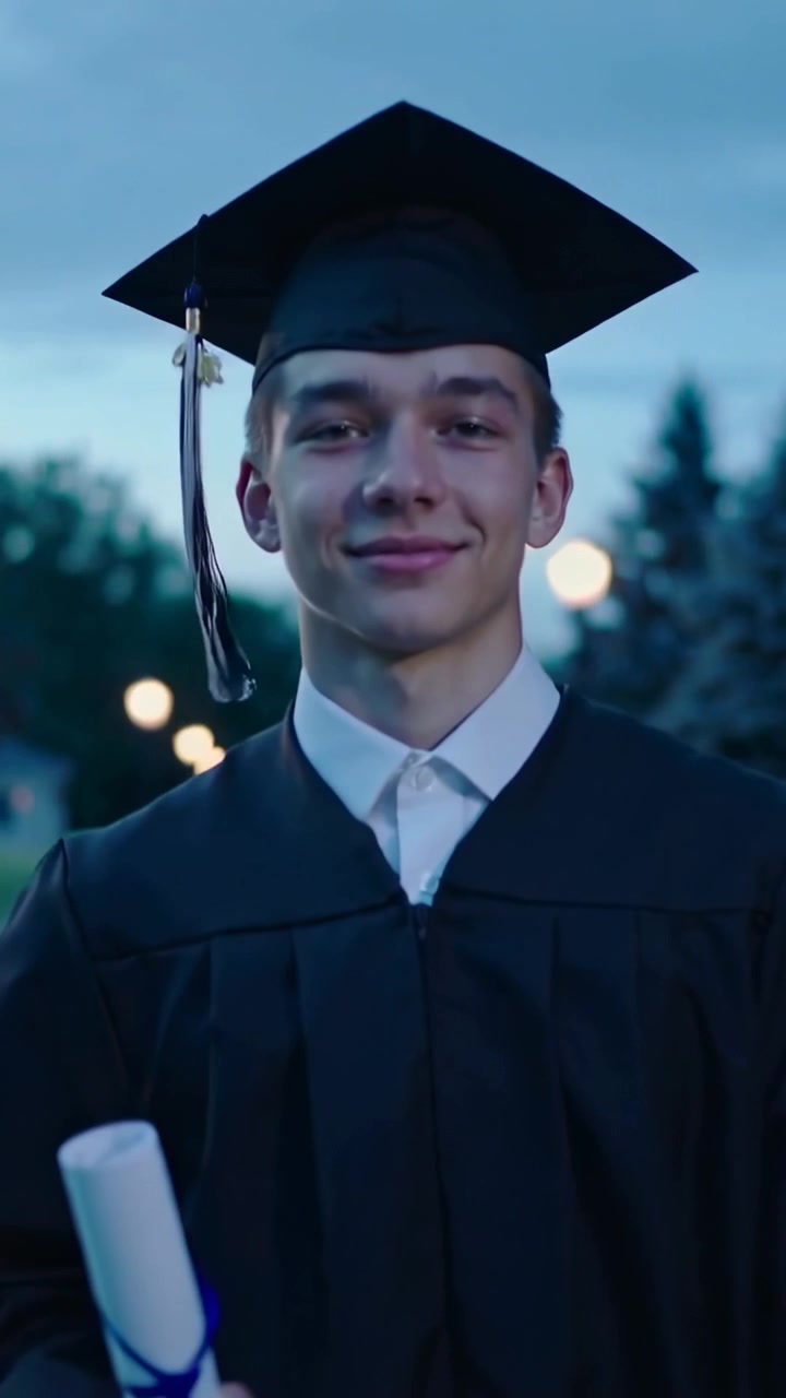 Video verticale: La telecamera si avvicina, un laureato che tiene in mano il diploma in un parco al tramonto, festeggiando con tocco e toga.
