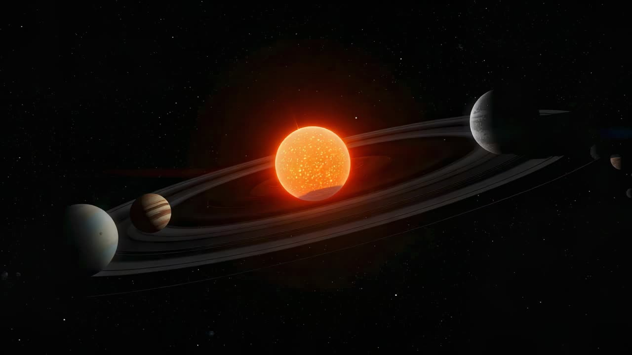 Sistema de anéis rotativos movendo planetas ao longo do anel no espaço, estrela laranja, planeta em primeiro plano bloqueando