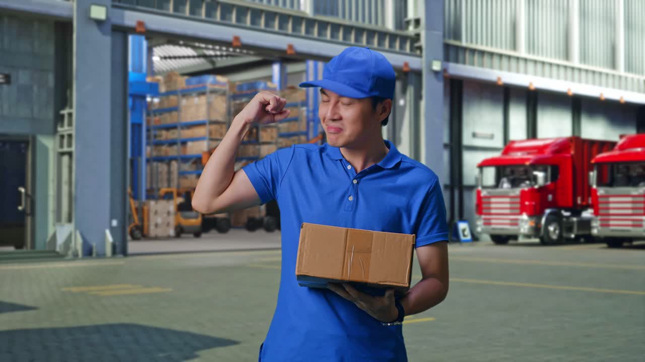 Asian male Courier In Blue Uniform Smile And Flex Muscle While Delivering A Carton, Outside of Logistics Distributions Warehouse