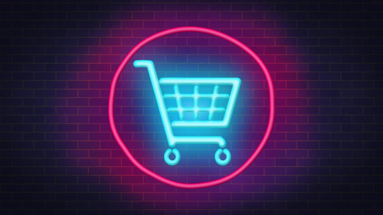 signo iluminado de neón de un carrito de compras en una pared de ladrillo