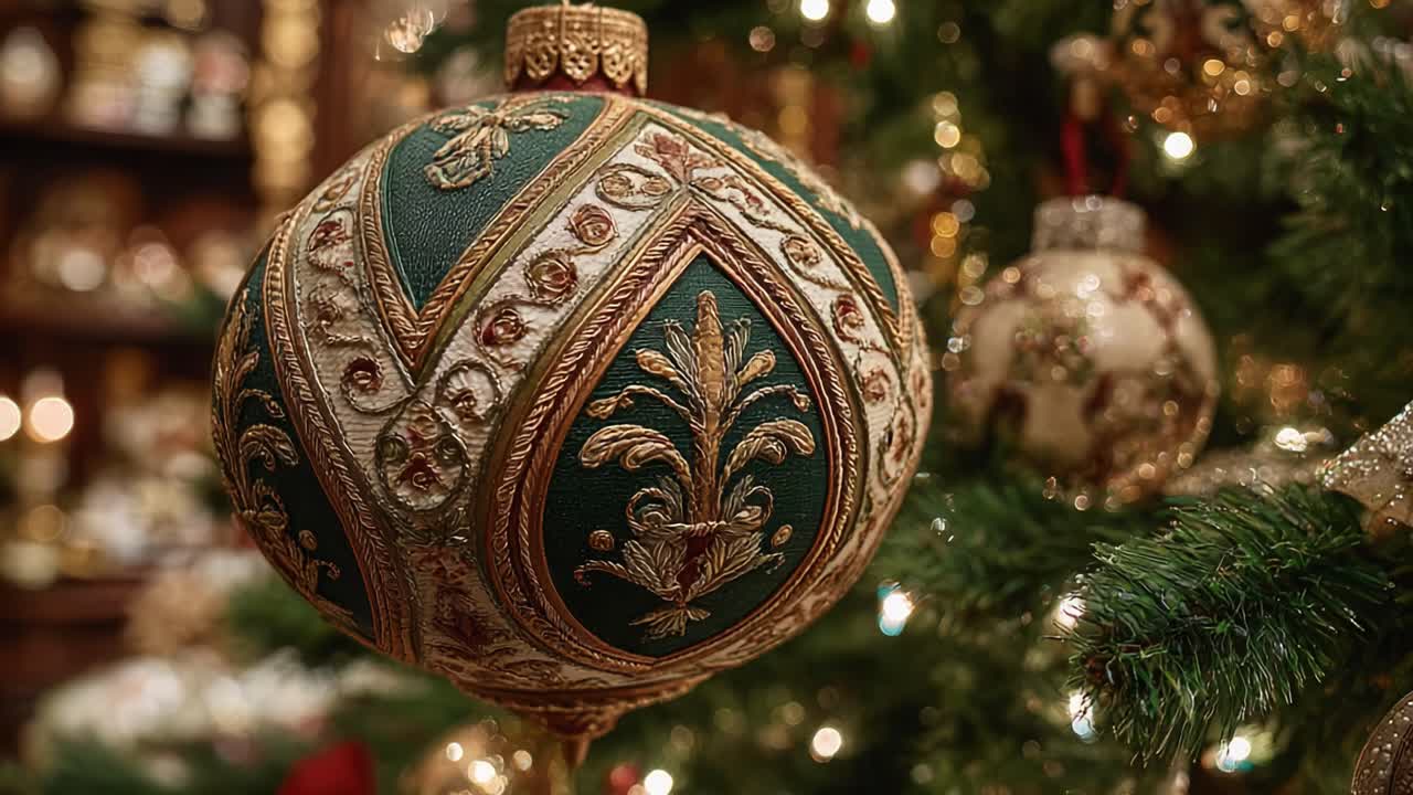 Exquisite Christmas Ornament Showcasing Intricate Embroidery and Rich Green and Gold Design, Perfectly Adorning the Festive Holiday Tree with Elegance and Charm