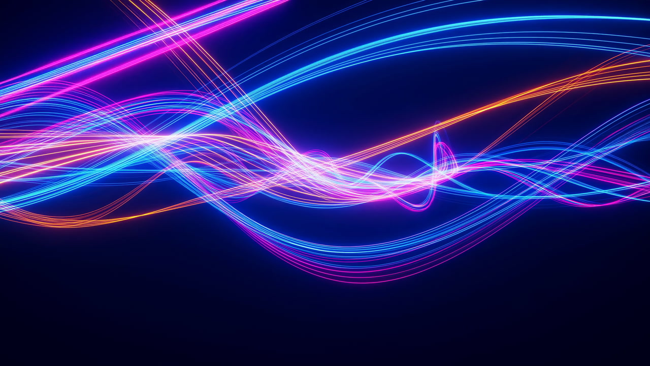 Neon Light Waves Across Dark Background, Vibrant Blue, Pink And Orange Trails Intertwine In Smooth Flowing