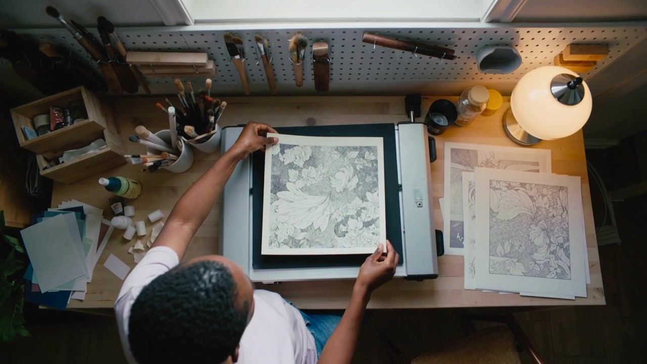 Placing artist wearing white tee lowering floral print onto platen at home studio, aligning print
