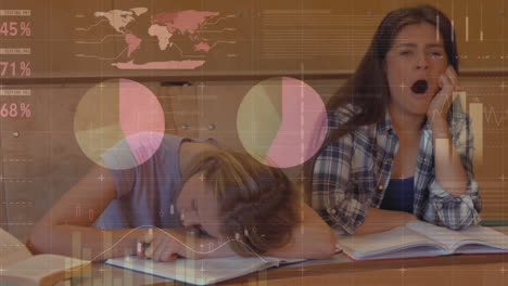 animation of digital data processing over female students falling asleep while studying