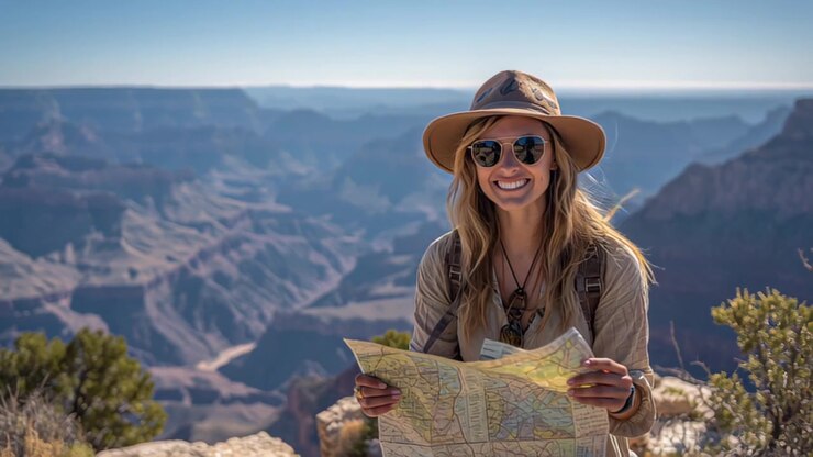 Reiseaufnahmen einer lächelnden Wanderin mit Hut und Sonnenbrille, die eine Papierkarte an einem malerischen Aussichtspunkt am Grand Canyon mit weiten Wüstenklippen im Hintergrund hält.