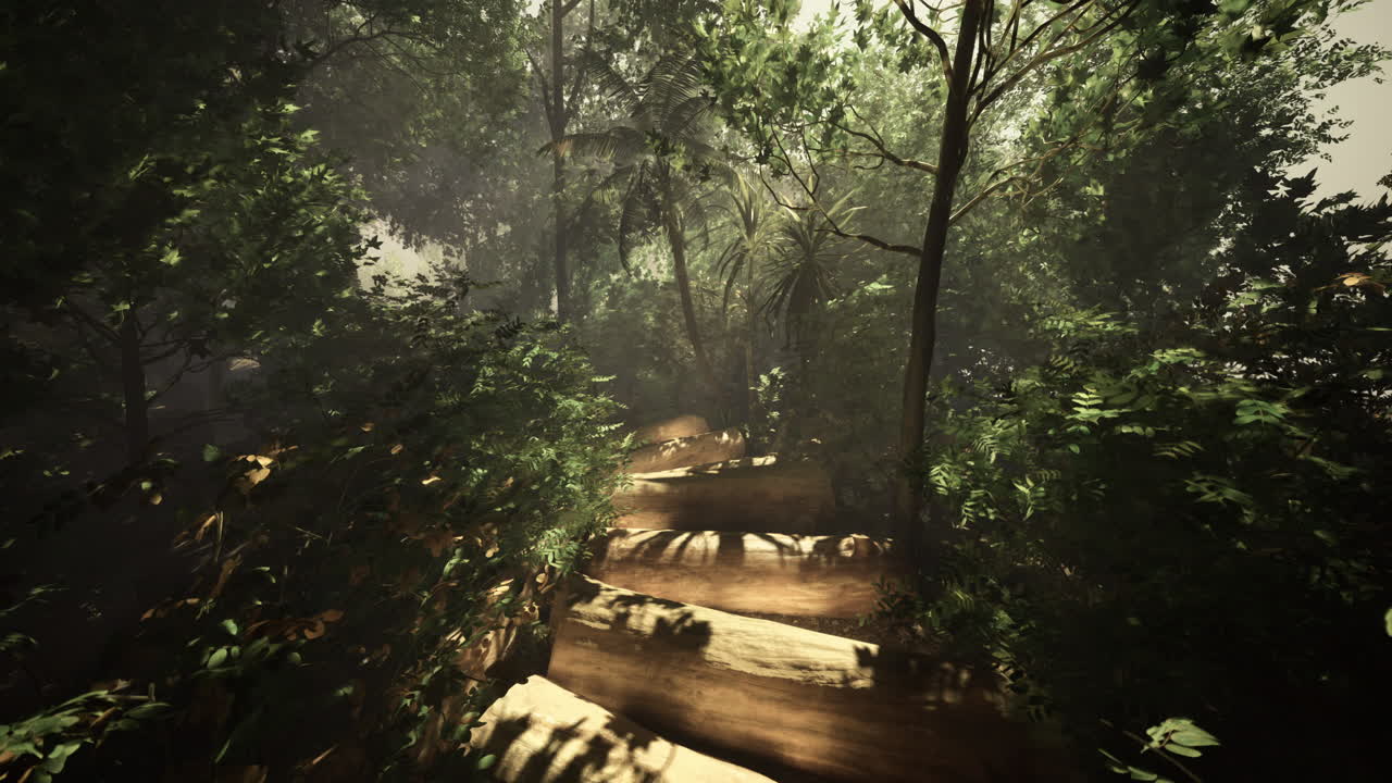 Lush forest path winding through vibrant greenery and dappled sunlight