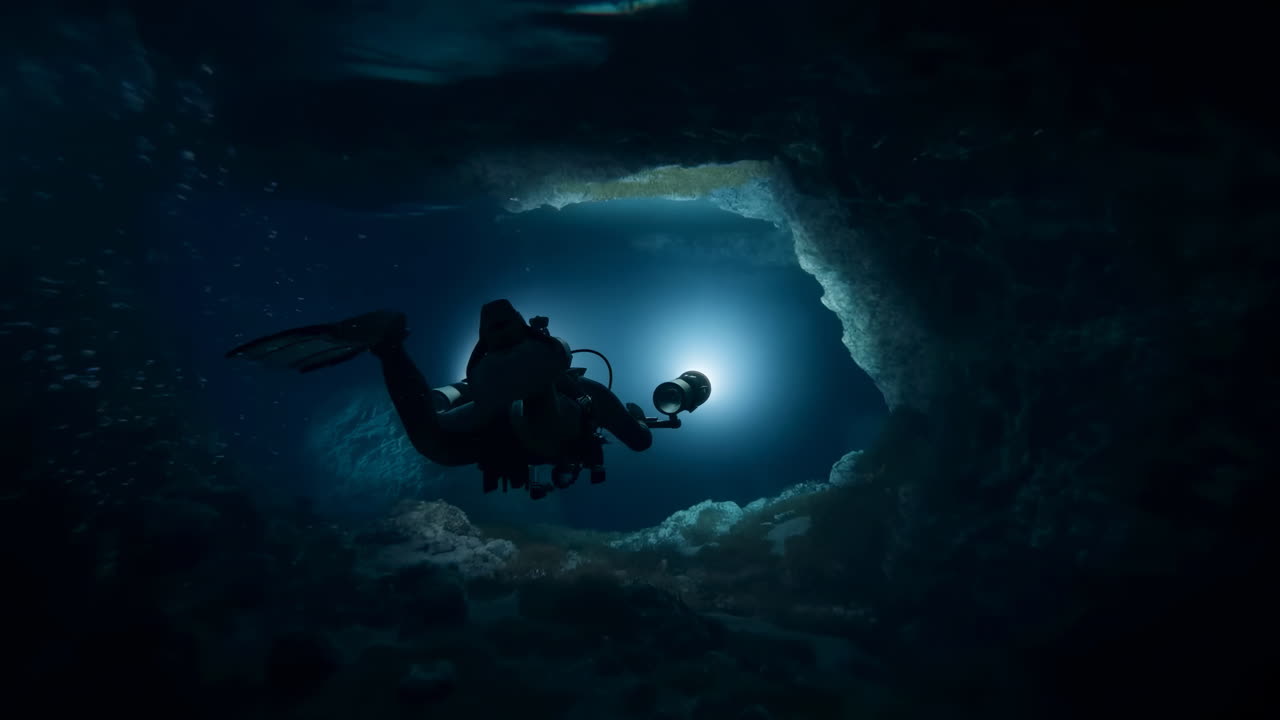 Scuba Diver Inside Underwater Cave Illuminated By Camera Light, Exploring Rocky Archway And Drifting