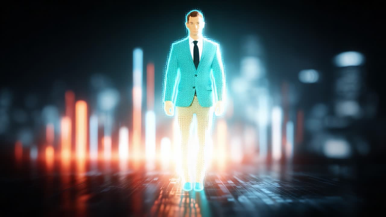 A Digital Transformation of a Business Professional in a Futuristic Environment, Showcasing Dynamic Visuals of Data Analytics and Advanced Technology Integration